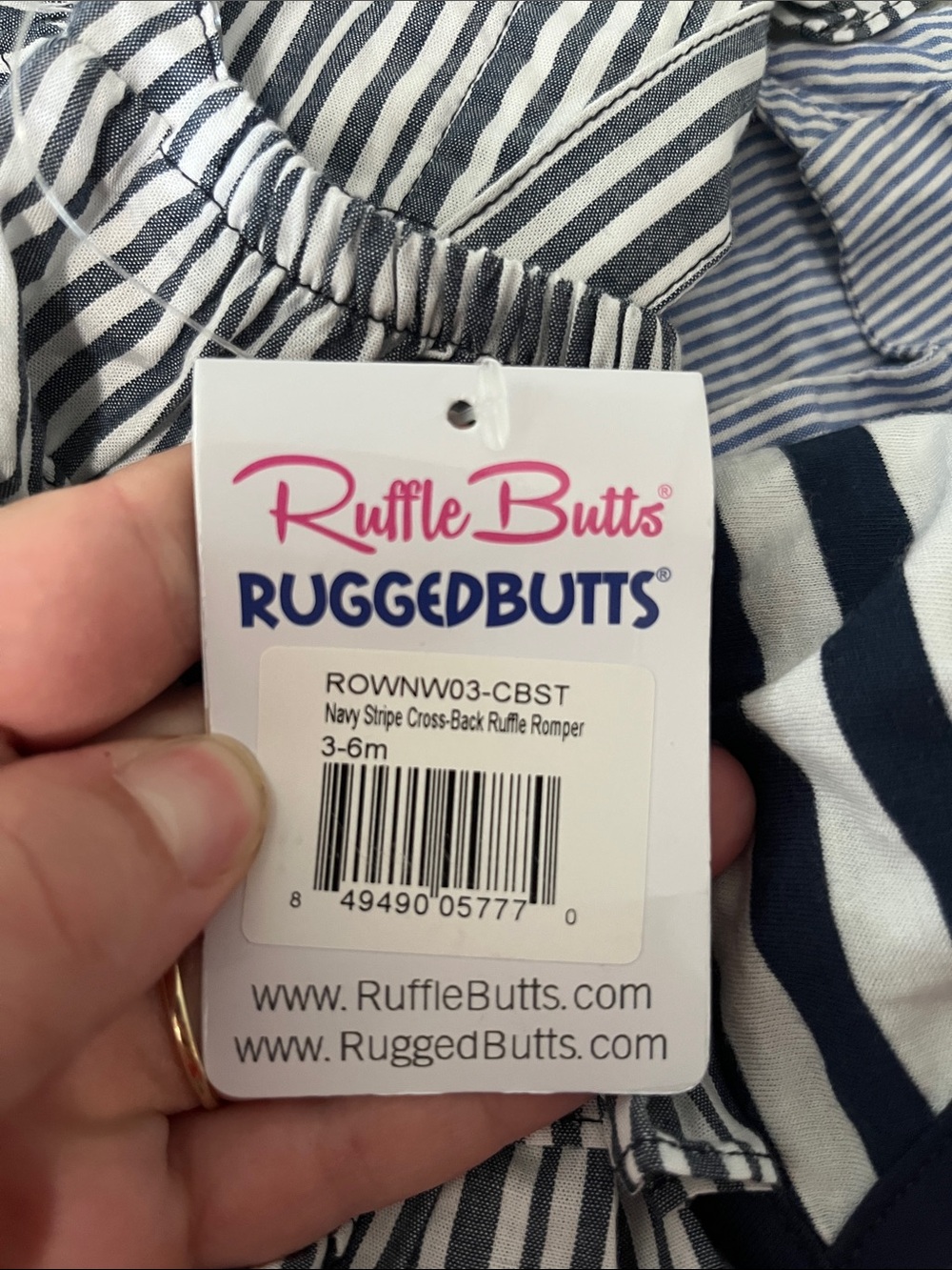 NWT Ruffle Butts Navy Stripe Cross Back Ruffle Romper - Picture 5 of 5
